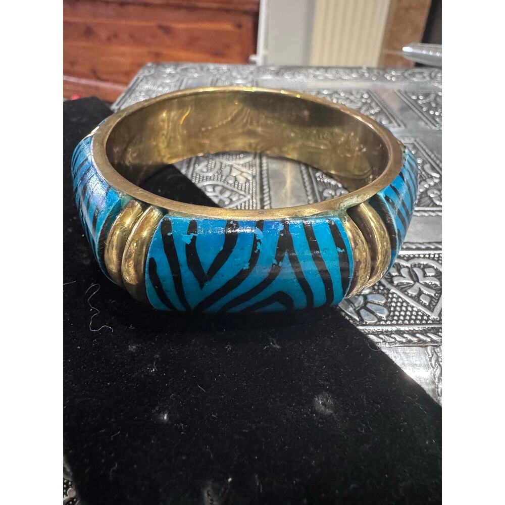 Vintage Turquoise Zebra Print Cuff Bracelet – Bold Safari Statement Bangle